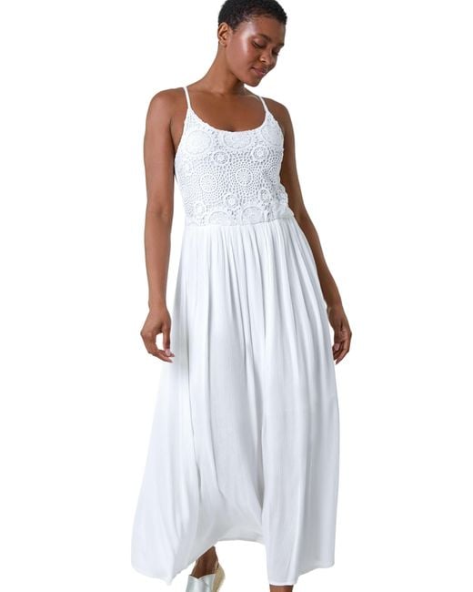 Roman White Lace Bodice Shirred Midi Dress