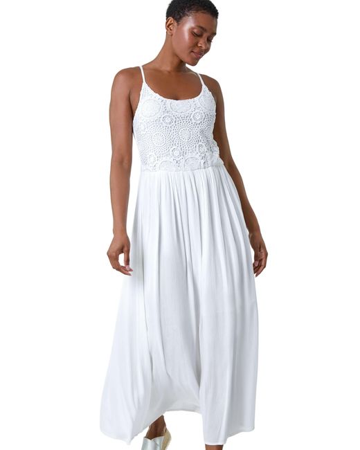 Enchanted Leaf Shirred Bodice Maxi Dress White
