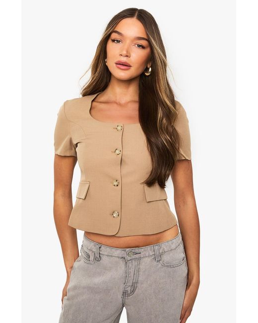 Boohoo Natural Short Sleeve Button Down Tailored Top