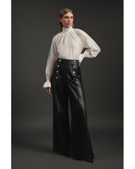 Karen Millen Black Leather Military Button Wide Leg Trouser