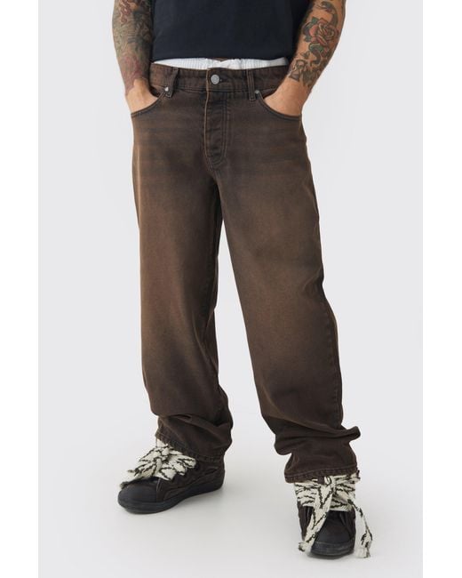 BoohooMAN Black Baggy Rigid Double Waistband Denim Jeans In Brown for men
