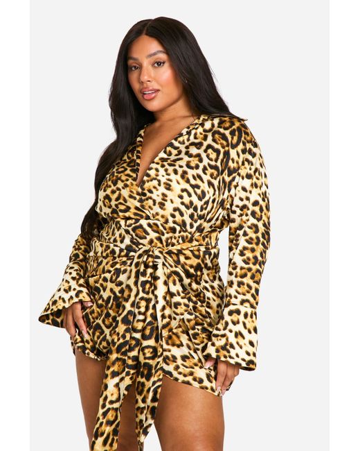 Boohoo Multicolor Plus Leopard Tie Waist Shirt Wrap Dress