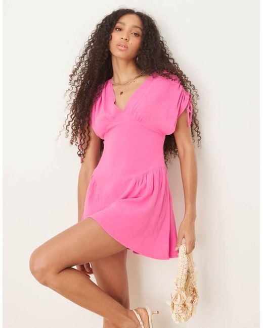 ASOS Pink Ruched Shoulder Drop Waist Mini