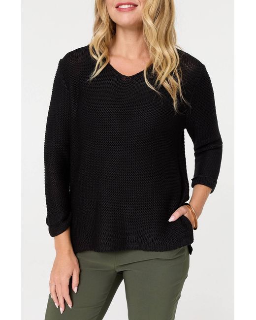 Izabel London Black Mesh Texture 3/4 Sleeve Relaxed Top