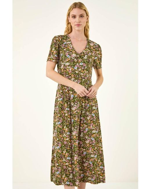 Roman Metallic Floral Print Button Midi Dress