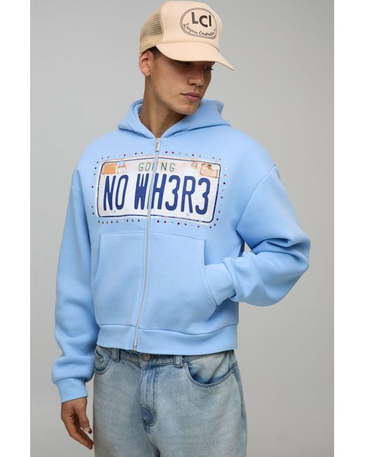BoohooMAN Blue Shrunken Licence Graphic Embellished Zip Through Hoodie for men