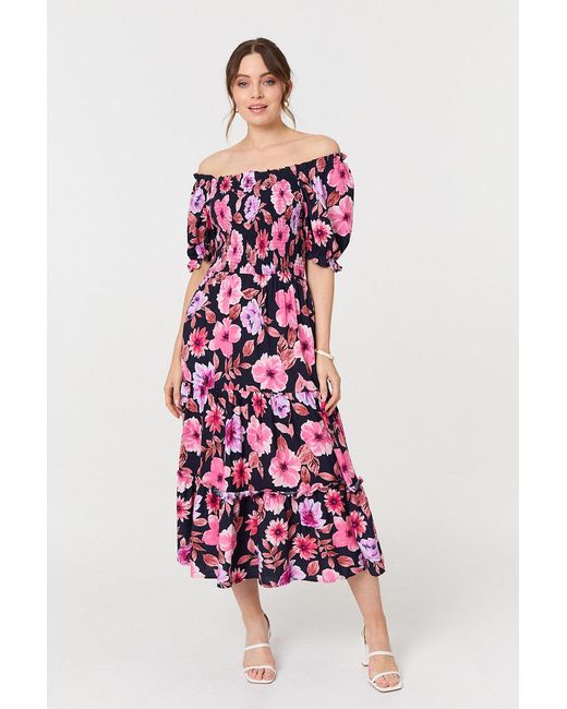 Izabel London White Floral Puff Sleeve Bardot Midi Dress