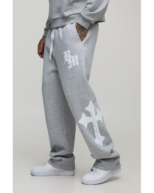 BoohooMAN Gray Tall Baggy Gothic Bm Cross Print Joggers for men