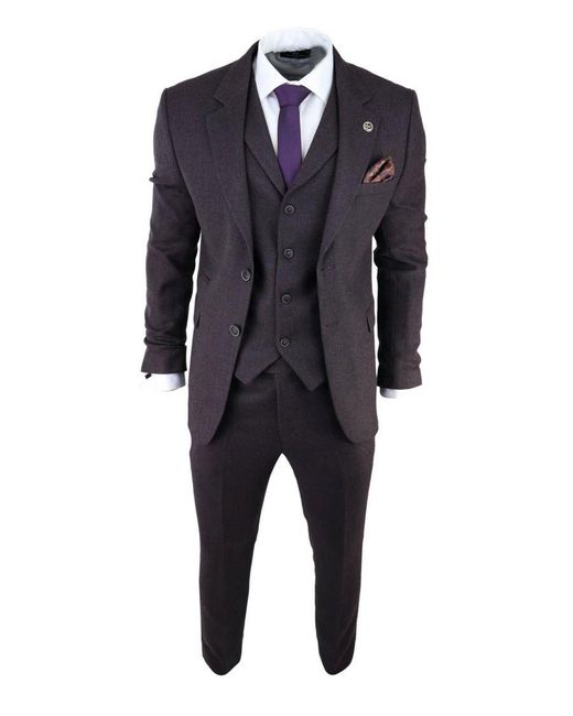 TruClothing Blue Plum 3 Piece Tweed Herringbone Suit Peaky Blinders Classic Tailored for men