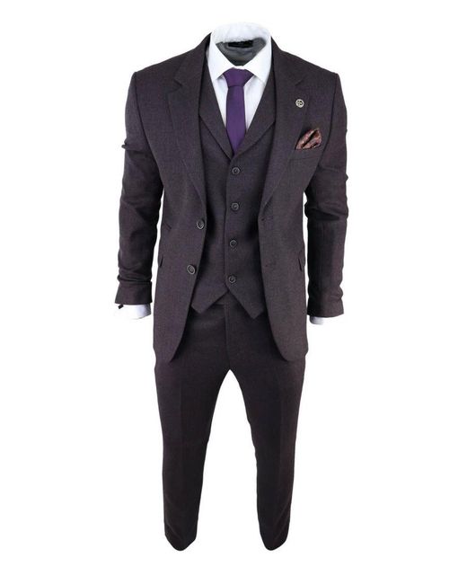 TruClothing Men's Navy Blue 3-Piece Tweed Herringbone Suit – Peaky Blinders Style – Sizes 36-52