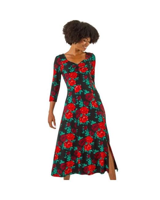 Roman Red Rose Ruched Midi Dress