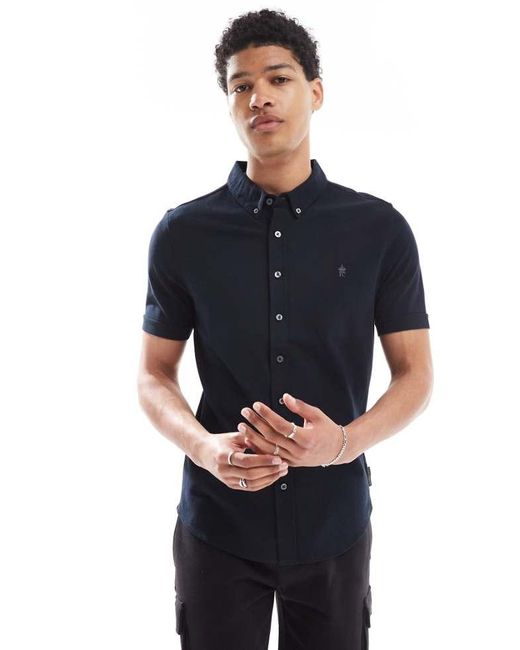 French Connection Blue Short Sleeve Pique Button Through Polo for men