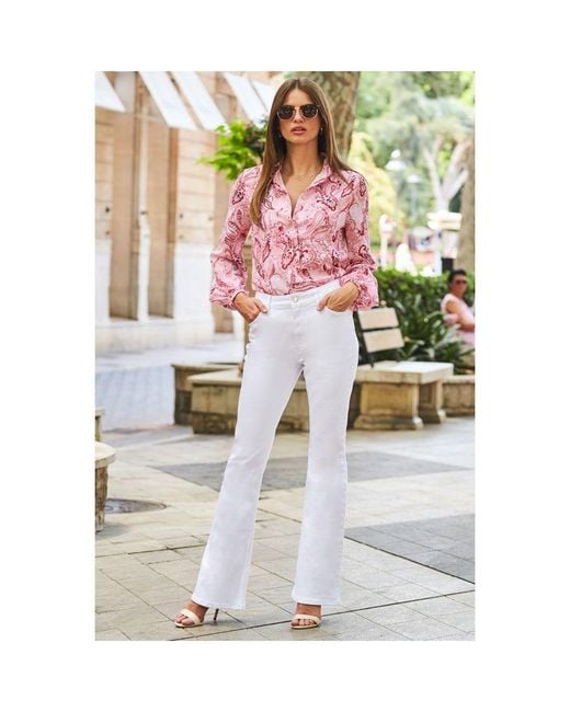 Sosandar Pink Paisley Print Blouson Sleeve Shirt Denim