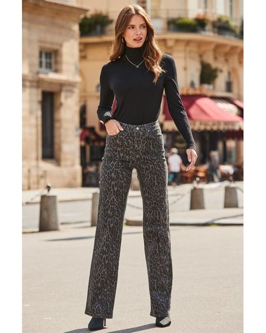 Sosandar Gray Leopard Print Wide Leg Jeans