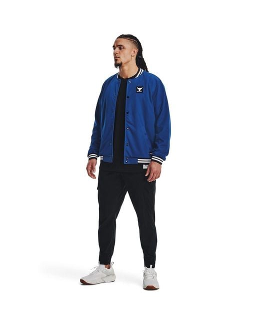 Under Armour Blue Project Rock Solid Patterned Snap Button Varsity Jacket for men