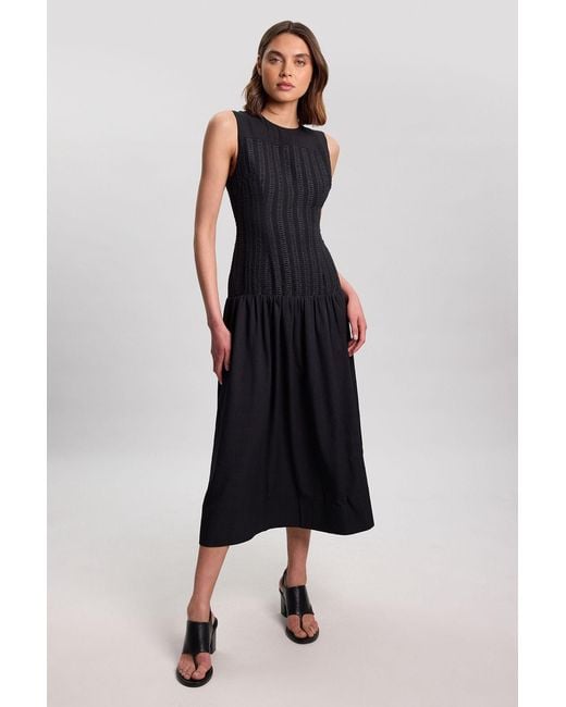 Karen Millen Black Textured Drop Waist Long Sleeve Woven Midi Dress