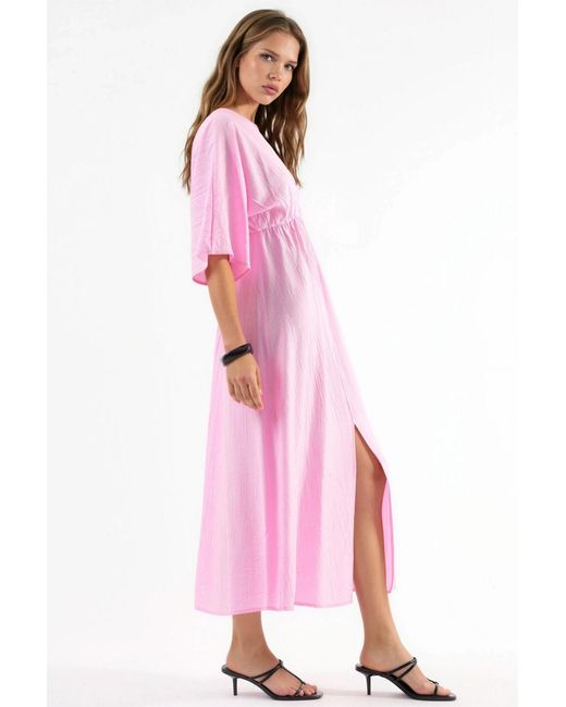 Busem Pink V-Neck Midi Wrap Dress With Three Quarter Sleeves