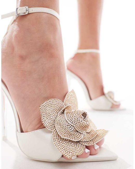 Public Desire Pink Bridal Alexia Mid Heeled Sandal With Embellished Flower