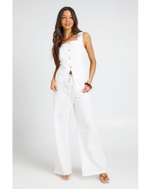 Boohoo White Linen Look Square Neck Waistcoat And Tailored Wide Leg Trousers Co-Ord