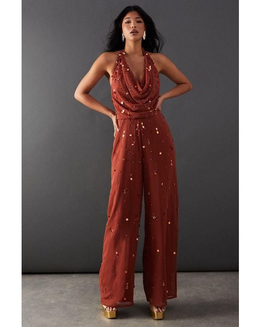 Warehouse Gray Hand Embellished Drop Bead Cowl Neck Jumpsuit