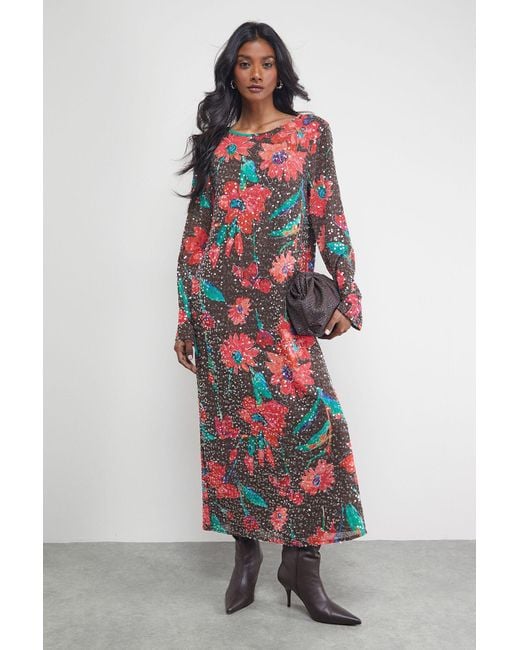 Warehouse Red Sequin Column Midi Dress