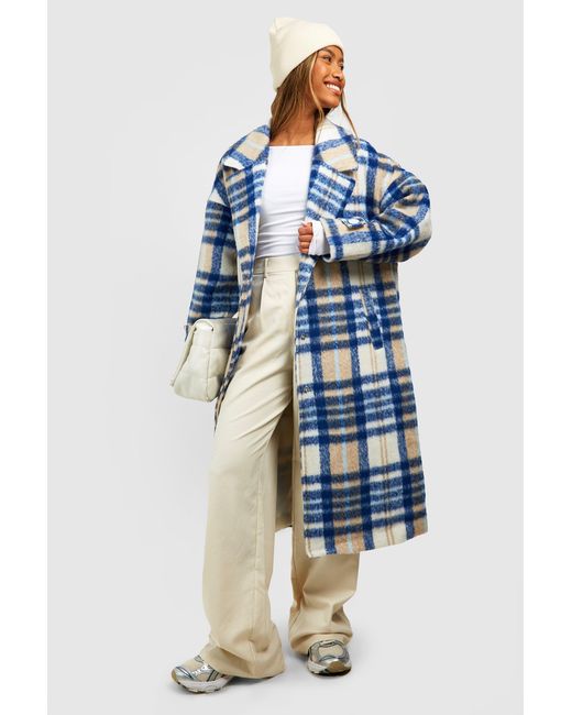 Boohoo Blue Oversized Flannel Wool Look Coat
