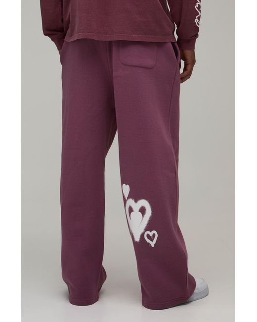 BoohooMAN Purple Wide Leg Drop Crotch Heart Printed Jogger for men