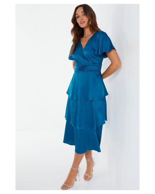 Quiz Blue Satin Tiered Wrap Midi Dress