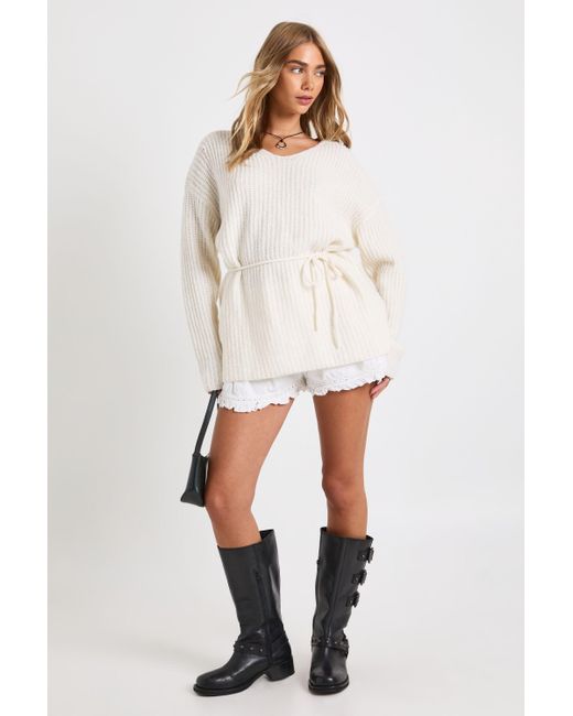 Boohoo White Tie Waist Detail Slouchy V Neck Sweater