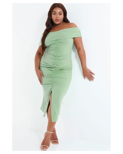 Quiz Green Curve Sage Ruched Bardot Midi Dress