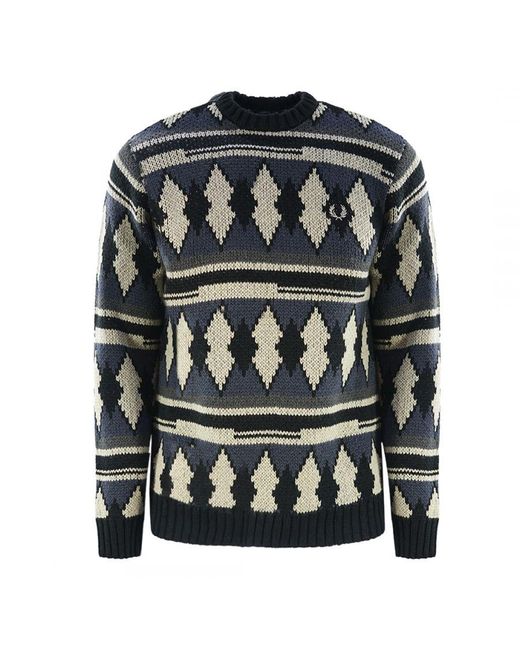 Fred Perry Black Chunky Jacquard Light Oyster Jumper for men