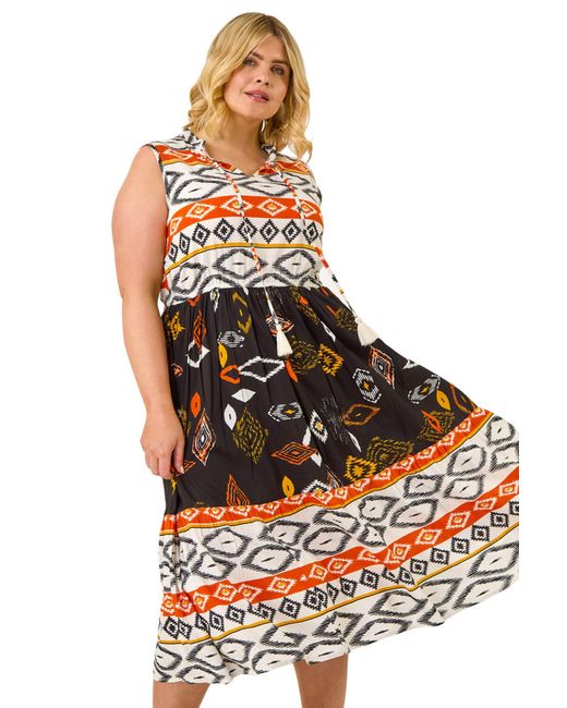 Roman Orange Curve Aztec Print Smock Midi Dress