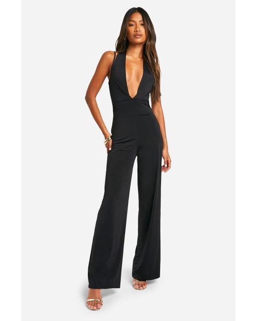 Boohoo Black Plunge Wide Leg Jumpsuit