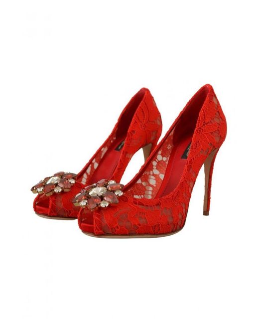 Dolce & Gabbana Red Taormina Lace Crystal Heels Pumps Cotton