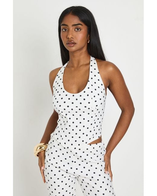 Boohoo White Bengaline Polka Dot Halter Neck Corset Top
