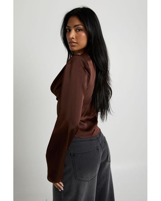 Boohoo Brown Long Sleeve Satin Cowl Neck Top