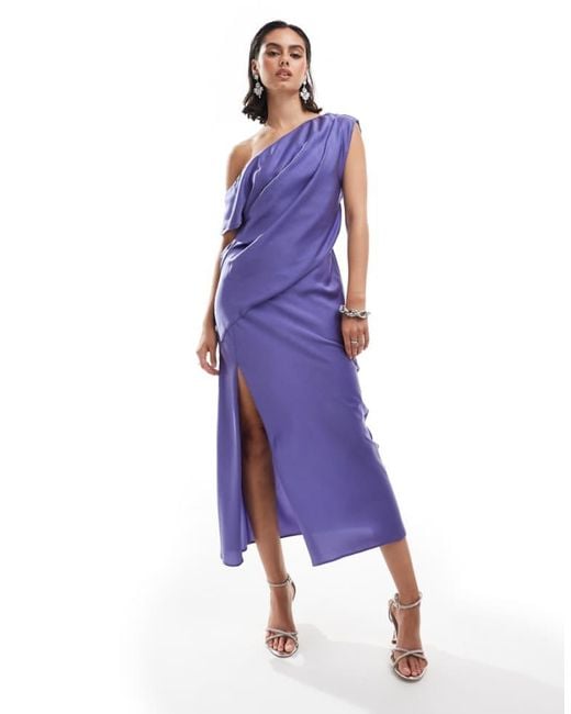 ASOS Purple Satin Off Shoulder Draped Midi Dress With Split