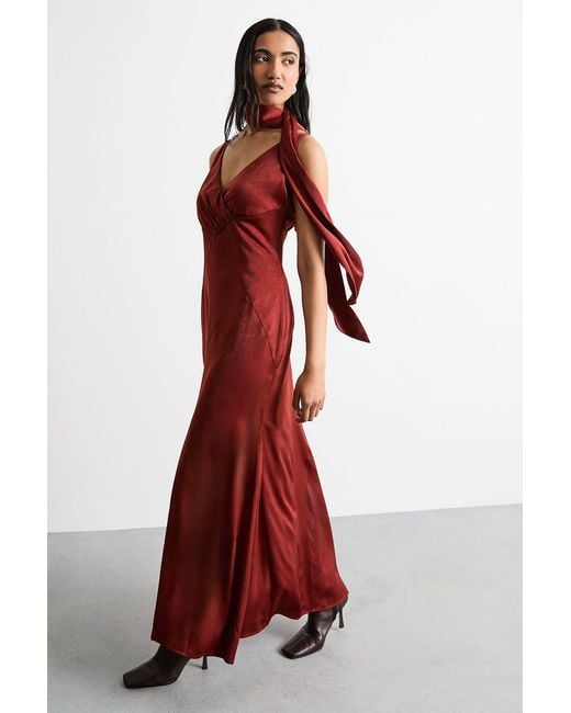 Warehouse Red Plain Scarf Detail Tie Neck Maxi Dress