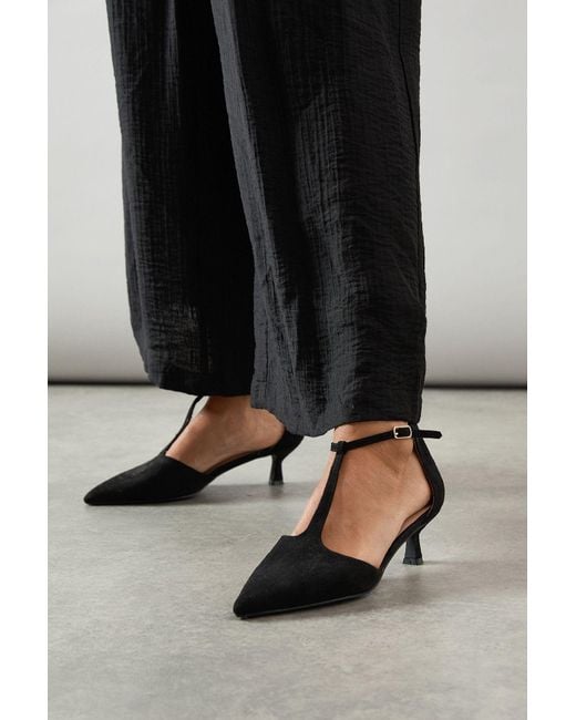 Good for the Sole Black Emmie Faux Suede T-Bar Pointed Kitten Heel Court Shoes