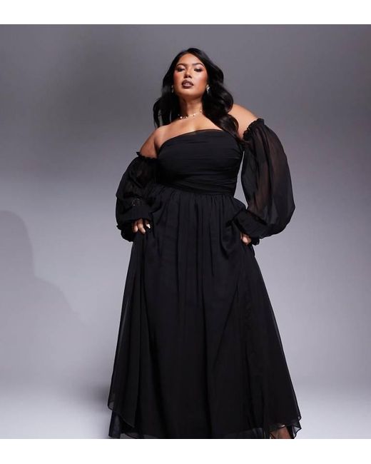 Lace & Beads Plus Blue Off Shoulder Balloon Sleeve Maxi Dress