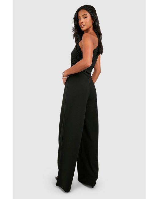 Boohoo Black Petite Ruched Asymmetric Neck Jumpsuit