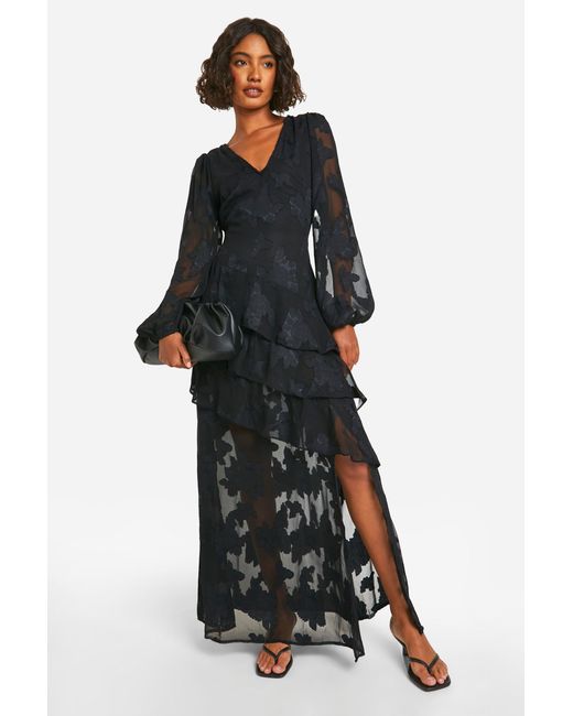 Boohoo Black Tall Burnout Floral Frill Detail Maxi Dress