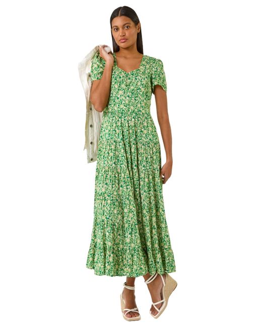 Roman Green Floral Print Ruched Sleeve Midi Dress