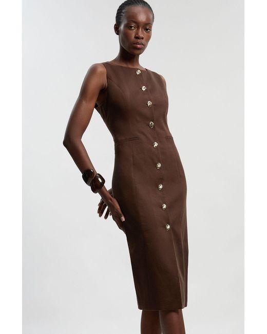 Karen Millen Brown Tailored Linen Statement Button Front Pencil Midi Dress