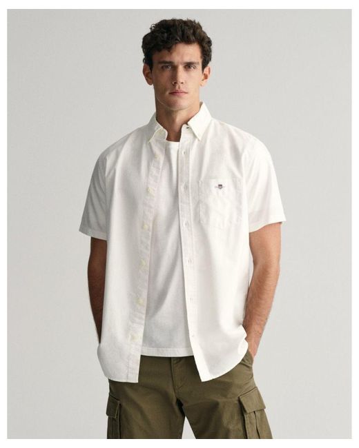 Gant White Regular Fit Short Sleeve Oxford Shirt for men