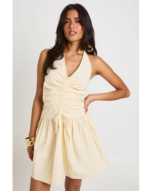 Boohoo Natural Cotton Poplin Halterneck Front Gathered Seam Skater Mini Dress