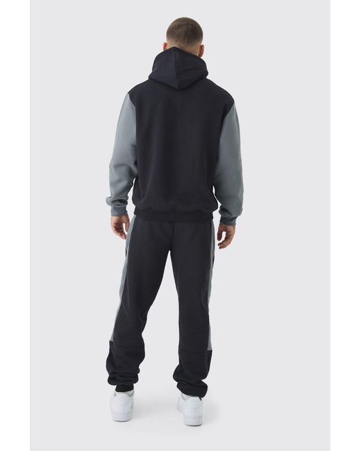 BoohooMAN Blue Regular Fit Diamond Colour Block Hooded Tracksuit for men