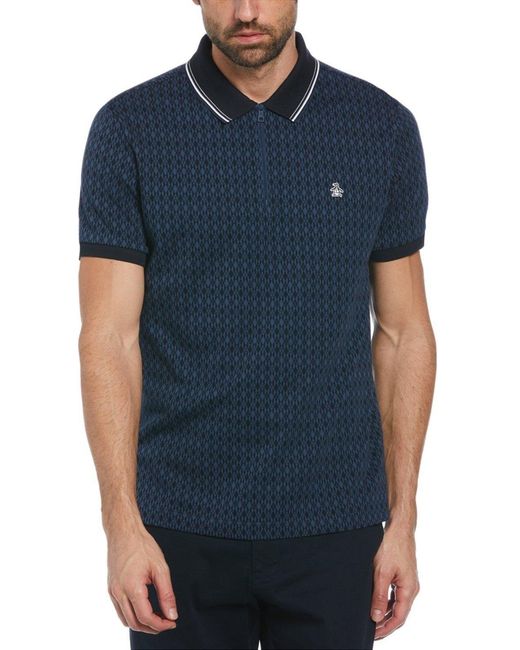 Original Penguin Blue Jacquard Argyle Half Zip Polo Cotton for men