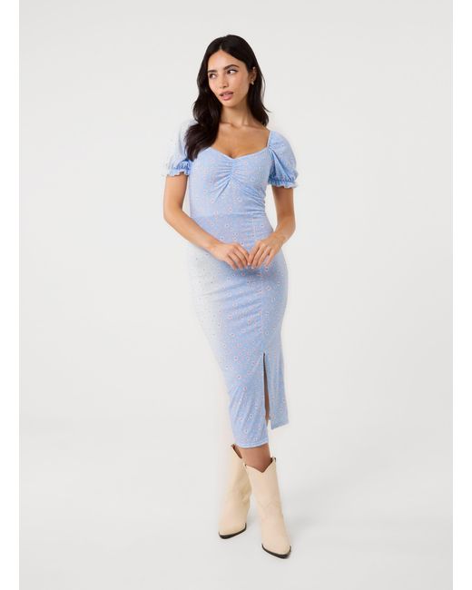 Pink Vanilla Blue Front Split Floral Midi Dress