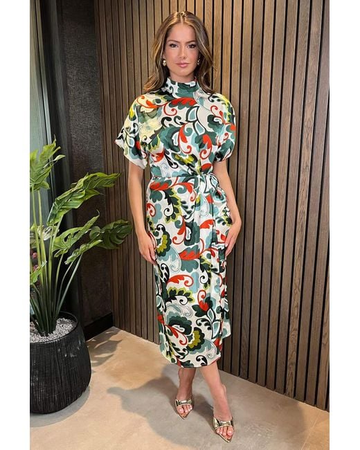 AX Paris Brown Abstract Print High Neck Wrap Skirt Midi Dress